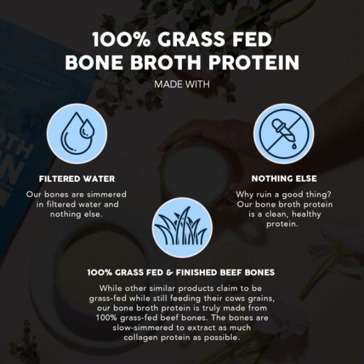 Paleovalley bone broth protein packaging with the product name and other details.
